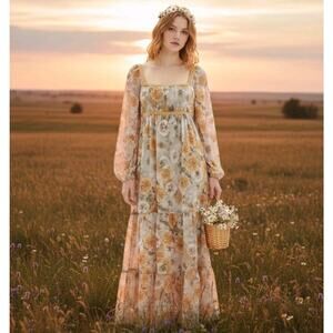 In Loom Tiered Maxi Dress Milkmaid Peasant Floral Prairie Sheer Bishop Sleeve
